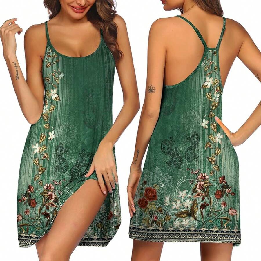 Women's Racerback Sleeveless Nightgown, Sleepwear - Floral Green - View 1