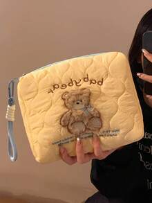 卡通毛絨熊女用化妝包/美容收納手拿包－適用於存放護膚品、眼影盤、底妝、眼霜等；便攜旅行美容與盥洗用品收納包，適合派對、度假、婚禮化妝、泳池與海灘場景 - 彩色 - 查看 3