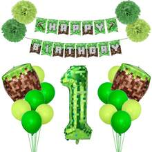 22 件生日装饰，游戏主题生日快乐横幅，40 英寸绿色像素矿工数字气球和像素立方体铝箔气球，用于像素派对装饰，终极派对用品套件，含气球和生日数字 (1-9) 标志 - 彩色 - 查看 4