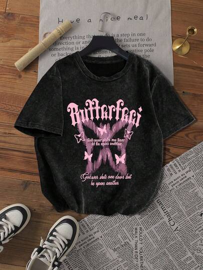 Women's Summer Butterfly Letter Pattern Print Round Neck Short Sleeve Simple Casual Daily Black Plus Size Washed T-Shirt Top