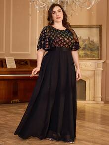 UNITHORSE Polyester Regular Round-Neck Dress,Sequin Patchwork Design Chiffon Brideamaid Dresses - Black - View 6