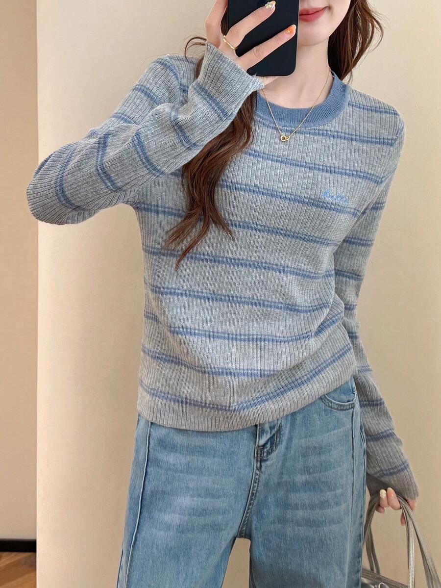 女式秋冬字母刺绣条纹圆领套头衫 - 藍色 - 查看 1