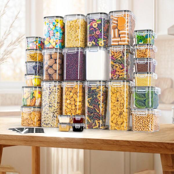 Lot de 28 boîtes de conservation, boîte de rangement, organisateur de cuisine, boîte de conservation hermétique en plastique avec couvercle, boîte de conservation pour farine de céréales, grains de café, cornflakes, 2 L 1,4 L 0,8 L 0,32 L 0,06 L