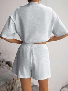 2pcs/Set Plus Size Women Casual Round Neck T-Shirt And Drawstring Pocket Shorts Co-Ord Set