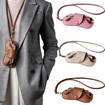 Modernt reptåligt glasögonfodral i PU-läder - Handsfree-halsremdesign, passar snygga glasögon, solglasögon, läsglasögon och skyddsglasögon - Stor skyddande förvaringsficka (svart/rosa/beige tillbehör, sött vikbart glasögonfodral, delikat hantverk, skolmaterial, resematerial, semestermåsten, axelväska, handsfree-reseutrustning, resväska, semester, skolmaterial, studiematerial, solglasögon, damer