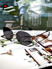 1pc "MMMM" Registered Brand Letter Designer Fashion Glasses, Rimless Edged Driving Fishing Vintage Fashionable Curved Metal Frame Oval Fashion Glasses For Women, Chic Casual High-End Personalized Oval Fashion Glasses Oval Shape Shades - 彩色 - 查看 8