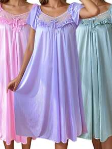 Summer 3-Piece Set For Women's Lace V-Neck Bow Pajamas, Simple Solid Color Nightdress, Rayon Short-Sleeved Home Clothes - Hồng vừa + Tím nhạt + Xanh lá - Xem 4