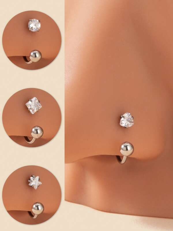 1pc/4pcs Set Fashion Stainless Steel CZ Round, Square, Heart, Star Nose Rings, Elegant Party Gift For Women