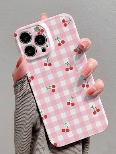 1pc Girl Style Cherry Fruit Printed Glossy Perforated Phenolic Resin Hard Phone Case Cover Compatible With IPhone 11/12/13/14/15/16 Pro Max Waterproof Shockproof Anti-Fall Scratch Resistant,International Version, Not The Domestic Version
