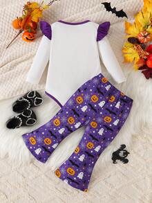 Bộ quần áo bé gái Halloween gồm bodysuit tay dài bèo nhún in hoạt hình mèo và dơi dễ thương + quần ống loe thường ngày in ma và bí ngô Halloween - Màu tím - Xem 2
