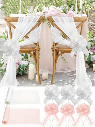 10 st. rosett i tyll till bröllop, stora vita/rosa rosetter med vit/rosa, transparenta tygdekorationer, lämpliga för kyrkgången, bröllopsbil, bruddusch, födelsedag, årsdag, trappdekoration, stoldekoration, utomhusdekoration, ryggstödsdekoration