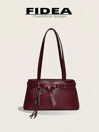 Bolso de mano de mujer de moda, de unicolor, estilo retro simple de PU, adecuado para citas, compras, versátil con accesorio de llavero