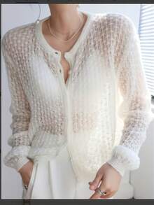 1 pieza Cárdigan de punto de unicolor con calado, suéter ligero de frente abierto, adecuado para té de primavera y otoño - Blanco - Ver 4