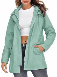 Kikibell Rain Jacket Women Striped Lined Hooded Lightweight Raincoat Outdoor Waterproof Windbreaker - 青色不透明 - 查看 2