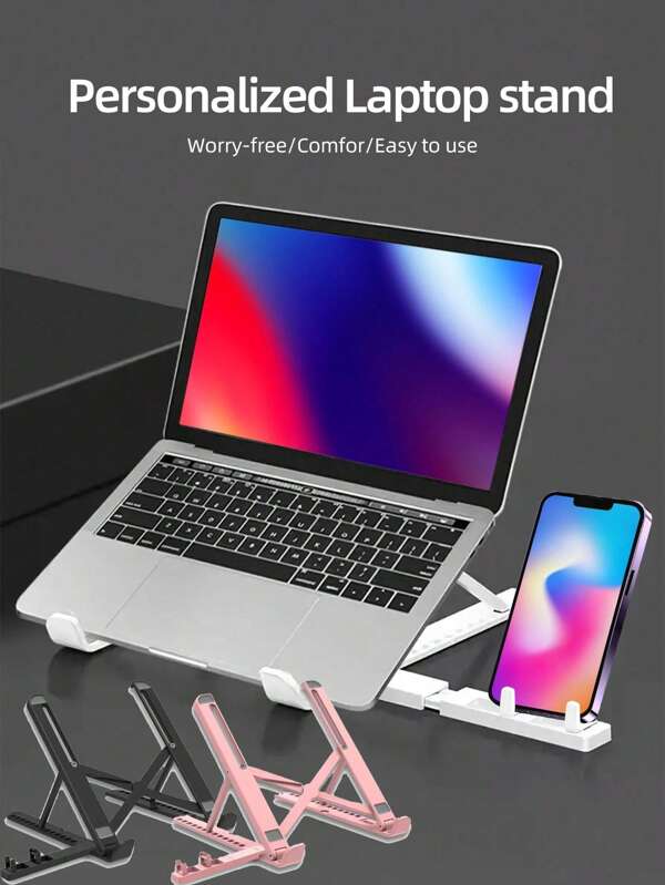 1PC Adjustable Laptop Stand With Phone Holder, Adjustable Heat Dissipation Stand With Extended Phone Seat, Durable ABS, Foldable Design For 10-15.6-Inch Devices, Including Travel Storage Bag - Desktop Organizer/Fashionable Technology Accessory/Sturdy Fixture Add-On