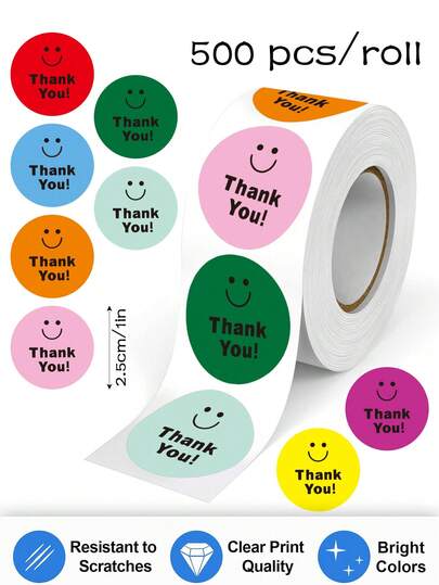 ม้วน 500 ชิ้น/มว้น สติกเกอร์ข้อความขอบคุณภาษาอังกฤษแบบลายเขียน สีสันสดใส วงกลม 1 นิ้ว 8 สีพื้นฐาน เหมาะสำหรับโรงเรียน ครู นักเรียน รางวัล/การส่งกำลังใจ หีบห่อของขวัญ ตกแต่งงานDIY ซองจดหมาย การ์ด ช่อดอกไม้ ฉลาก PVC กันน้ำ