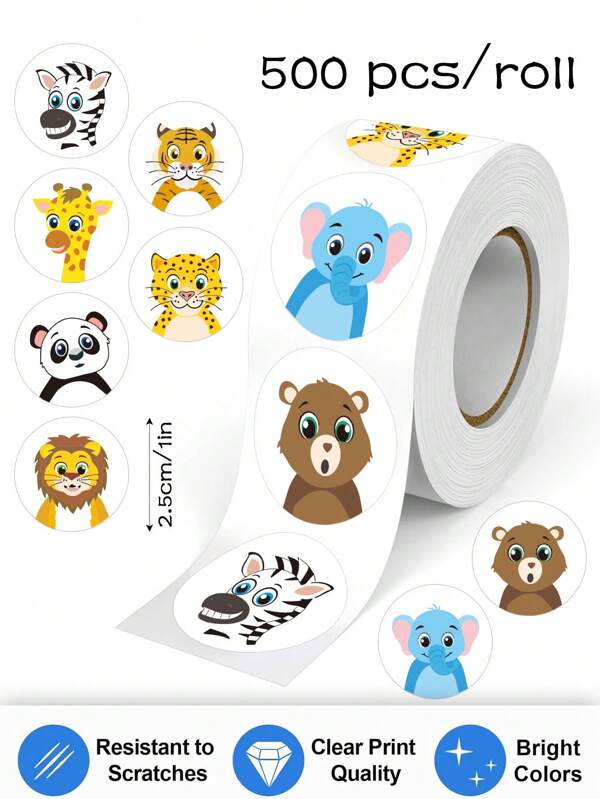 500pcs/Roll Cartoon Animal Self-Adhesive Stickers, 1inch Round Animal Icon Stickers For Back To School, Teacher Rewards, Phone Case, Cup, Scrapbooks DIY Decoration, PVC Decal Stickers
