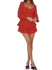 Women Puff Long Sleeve Romper Off Shoulder Ruffle Flowy Short Jumpsuit Layered Pirate Dress With Shorts Playsuit - Red - View 4