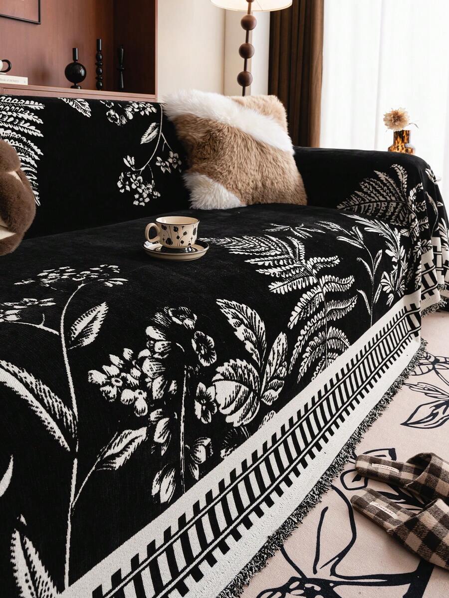 1pc Chenille Sofa Throw Blanket, Boho Leaf Pattern, Soft, Durable, Pet Friendly, Machine Washable, Polyester 100%, With Sofa Protector Cover For Bedroom, Living Room, Home Decor - 黑色 - 查看 1