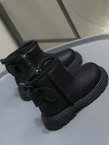 1 双女童可爱时尚靴子，蝴蝶结装饰，温暖，适合学校、户外、休闲、所有季节、秋冬单靴 - 黑色 - 查看 4