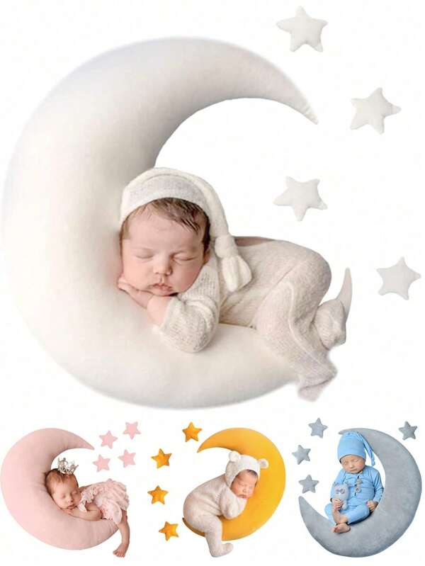 5pcs/Set Flannel Baby Moon Stars Pillow, Newborn Cresent Star Posing Pillow Newborn Photography Props Boy Girls Baby Shower Decorations Shower Easter Gift Things