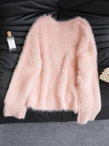 女式 V 领仿貂皮毛衣，柔软舒适宽松套头针织上衣，秋冬 - 粉色 - 查看 8