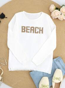 New Women Casual Fashion Long Sleeve Letter Loose Knitted Pullover Sweater Beach Wear Round Neck Long Sleeve Semi-Transparent Knitted Sweater, Beach Resort Contrast Color Letter, White Long Sleeve Knitted Sweater, Beach, Resort