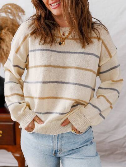 Acelitt Autumn And Winter Women's Multi-Color Striped Loose Shoulder Ribbed Round Neck Casual Sweater