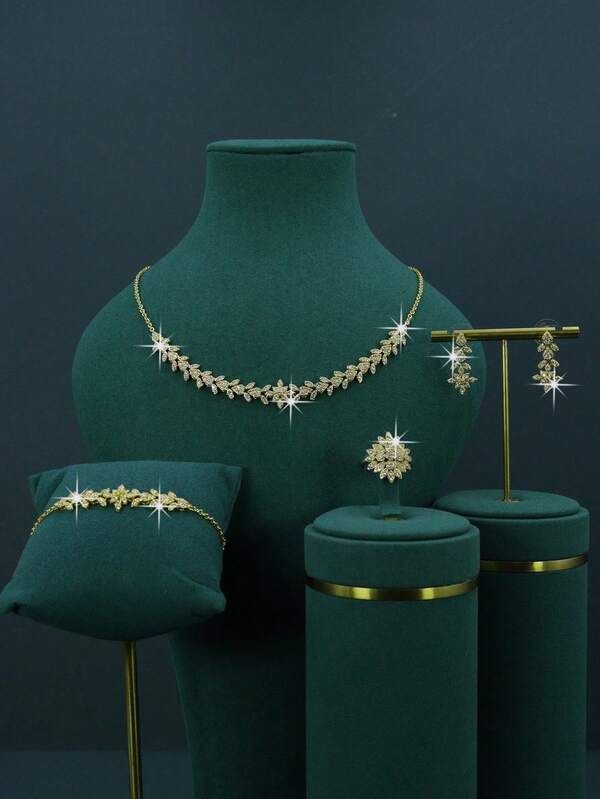 5pcs 14K Gold Plated Bridal Wedding Accessories Set, Handcrafted With White Cubic Zirconia, Including Necklace, Bracelet, Earrings, Ring, Suitable For Daily Wear And Wedding, Wedding Anniversary Gift