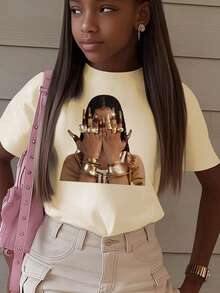 1 件女童休闲字母印花圆领短袖 T 恤，夏季学生年轻休闲装 - 简约英文字母风格 T 恤激发想象力和自我表达 - 杏色 - 查看 1