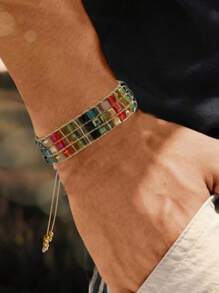 1pc Unisex Boho Geometric Square Multi-Layer Faux Crystal Beaded Braided Adjustable Bracelet, Design