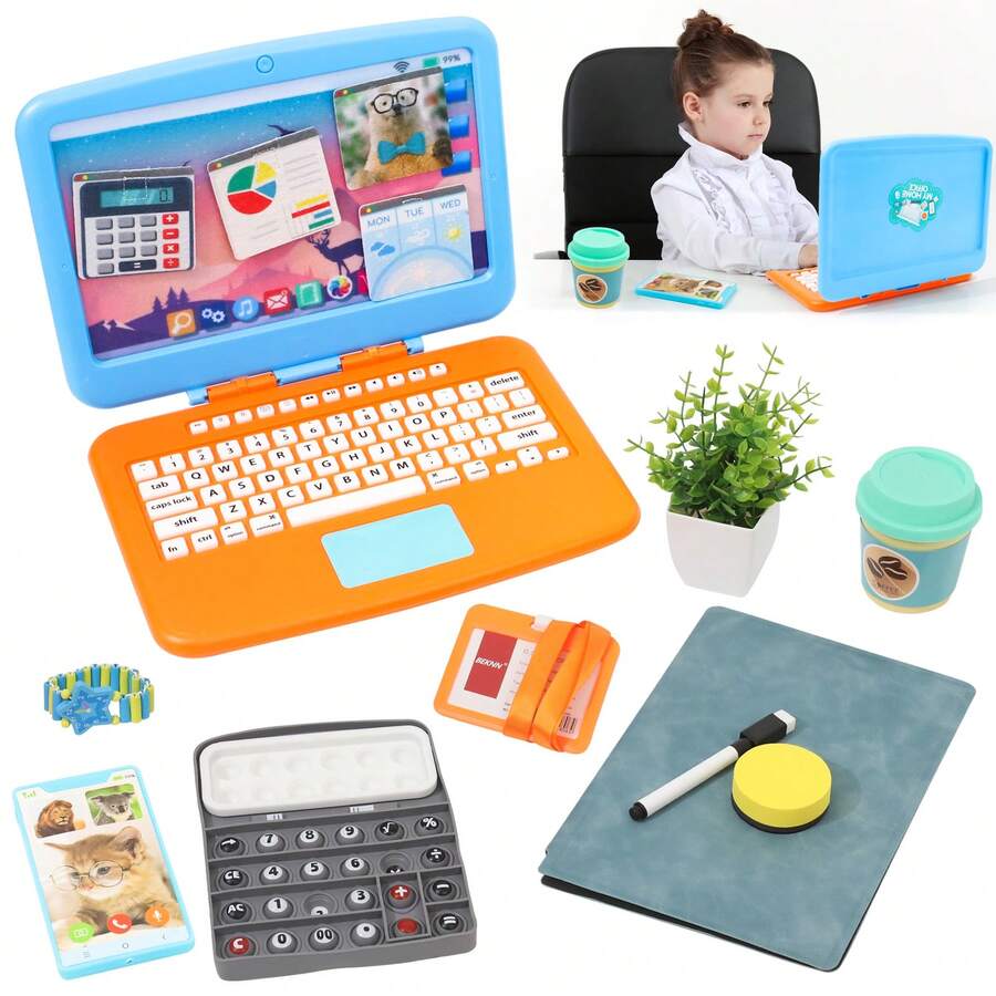 Kids Home Office Set, Playing House Game For 3+ Years Old-Equipped With Laptop, Writing Whiteboard Book, Tablet, With Calculator, Simulated Mobile Phone, Headphones&Kids Drink Cup, Pretend Working Toy