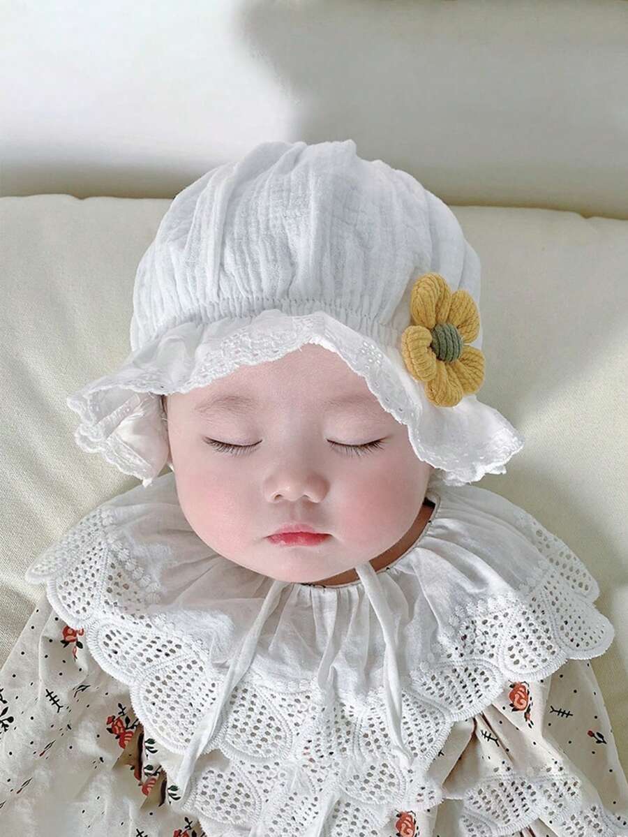 1pc Lace Breathable Hollow Floral Embroidery Baby Lace Hat, Cute Princess Style For Infants And Toddlers, Spring/Autumn - White - View 1
