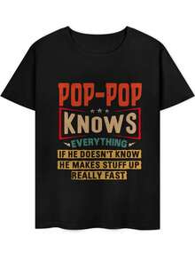Men's Black Short - Sleeve T - Shirt, "Pop - Pop Knows Everything" Funny Grandparent Text, Lighthearted Family Humor Casual Wear - 黑色 - 查看 2