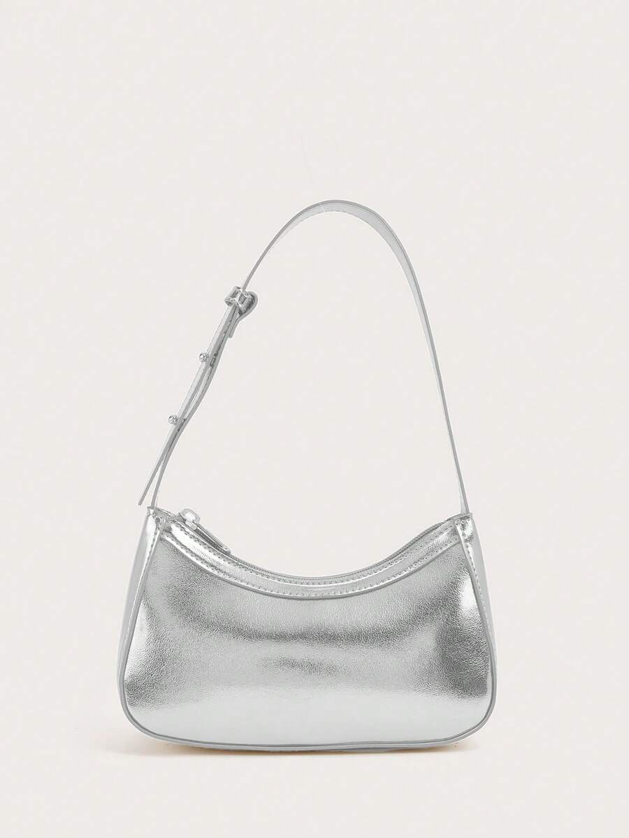 1pc Girls' Metallic Silver Handbag, Shiny Metal Mini Tote Bag, Underarm Bag