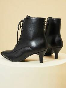 Elegant Women's Ankle Boots Black Pointed Toe Lace Up Low Heel Kitten Heel Boots Comfortable Work Office Zipper Motorcycle Boots For Women - Black PU - View 5