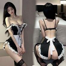 Women's Contrast Lace Cosplay Lingerie Set Maid Costume Set Dress And Belt - 黑色 - 查看 1