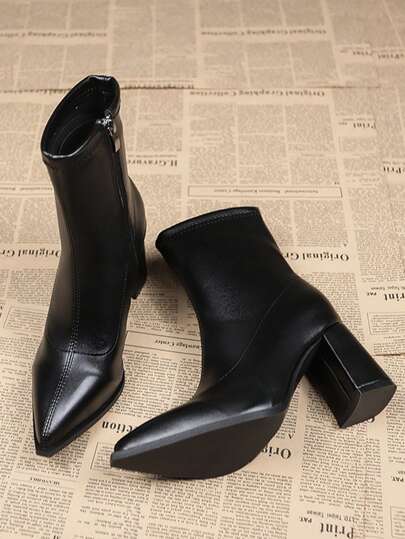 女士时尚优雅尖头粗跟踝靴，百搭侧拉链高跟细靴，适合街头、商务、派对、婚礼、夜总会，女士黑色中筒靴