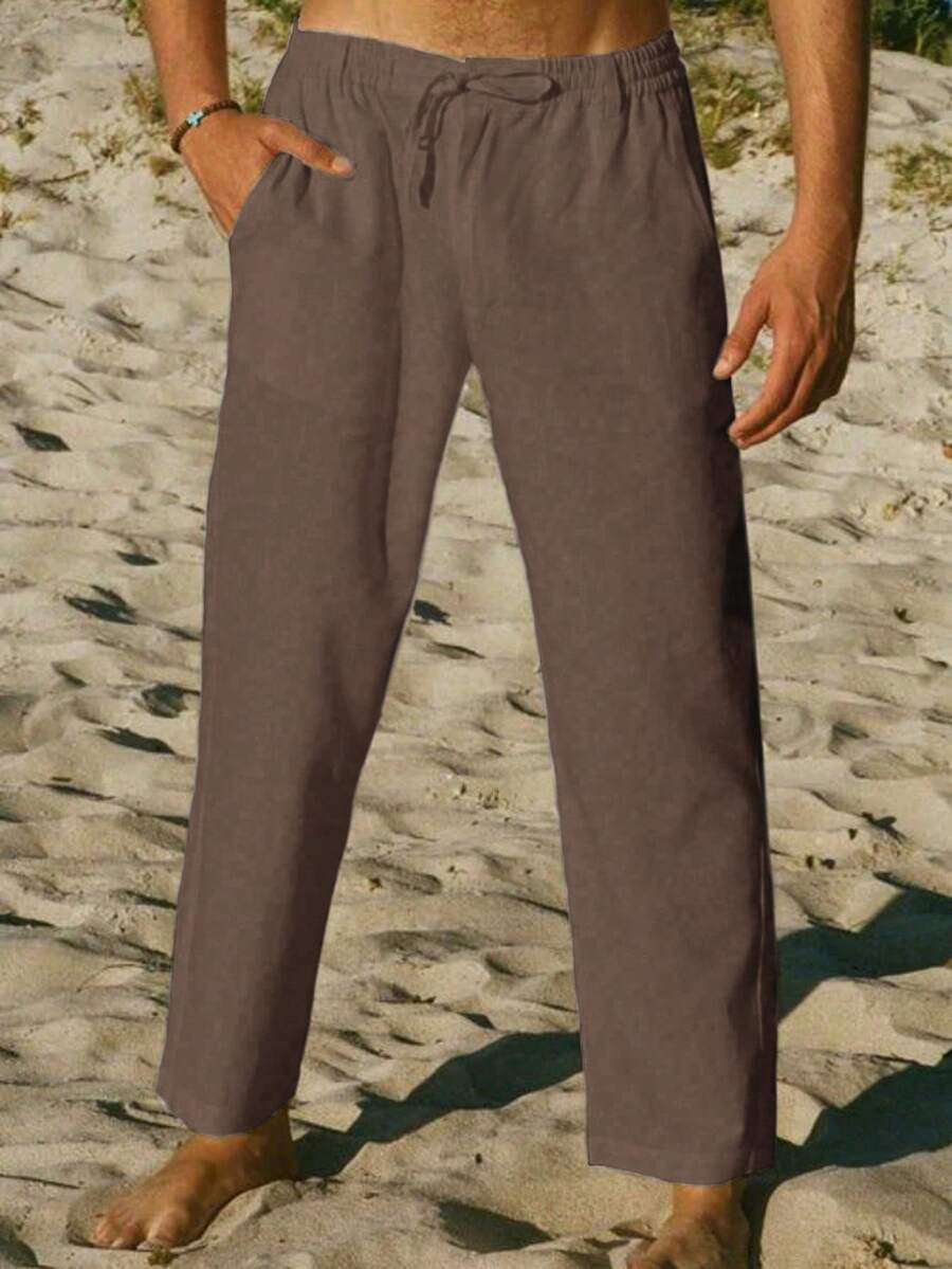 Pantalones rectos de lino para hombre, de un solo color, con cordón y bolsillo, de ajuste relajado - Café integral - Ver 1