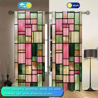 2pcs Vibrant Colored Glass Pattern Printed Polyester Sheer Curtains, Machine Washable, Fade Resistant, With Rod Pocket, Suitable For Bedroom, Living Room, Office
