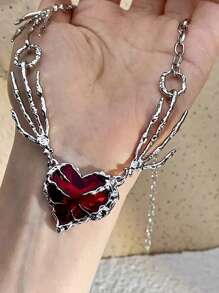 1 件万圣节哥特风格红色爱心朋克项链设计，带爪形拼接和心形锁骨链，适合女士