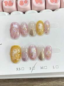 10 件中椭圆形假指甲，闪亮晶莹多色混合优雅金色 - 箔和闪亮元素设计闪亮 100% 手工制作按压丙烯酸指甲可重复使用指甲用品适合女性日常或派对佩戴 - 彩色 - 查看 2