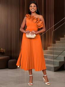AOMEI Women's Elegant Solid Color One Shoulder Ruffled Pleated Dress - Orange - View 7