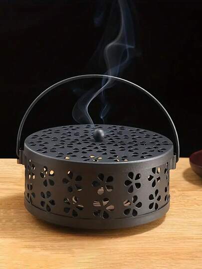 1 st vintage myggspiralbrännare i metall, myggspiralhållare, bärbar rökelsebrännare i järn med blommönster och handtag, lämplig för hemma- och utomhusbruk