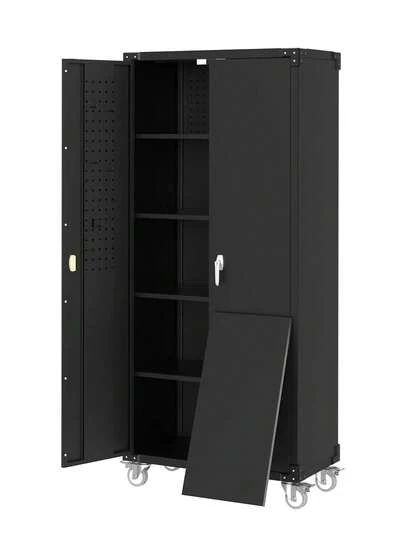 72" H Locking Metal Storage Cabinet,Garage Storage Cabinet With Wheels & Pegboard, With 2 Doors & 4 Adjustable Shelves For Garage Workshop Home Office