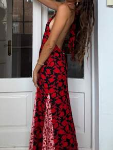 Polka Dot Dress For Women Y2k Halter Maxi Dresses Summer Beach Vacation Long Dress Sleeveless Deep V Neck Tie Back Dress Sundress Party Backless Boho Dress - Đỏ - Xem 2