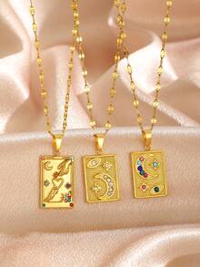 1 件时尚优雅精致金色方形月亮、心形、手形星星、彩色人造锆石设计吊坠不锈钢金项链，适合青少年时尚达人街头夏季海滩度假配饰生日礼物日常装饰返校 - 金黃色 - 查看 2