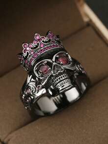 1 件男士个性化皇冠骷髅设计奢华合成方晶锆石装饰复古朋克铜戒指 - 时尚精致成人珠宝 - 摩托车 - 万圣节 - 复活节 - 父亲节礼物 - 周年纪念礼物 - 酒紅色 - 查看 3