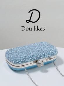 حقيبة مساء باللون الأزرق الفاتح باللؤلؤ، حقيبة مساء أنيقة للبس مع الشيونغسام، مع سلسلة معدنية، مناسبة للحفلات والزفاف والرقص في حفلات التخرج والحفلات الرسمية، مثالية للتناسق مع ثياب كرة التخرج للنساء، إكسسوارات كرة التخرج، فساتين مرصعة بالترتر، فساتين لامعة، فساتين نسائية أنيقة - أزرق فاتح اللون - مشاهدة 4