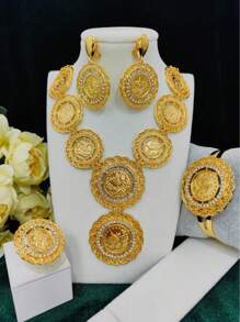 1 条项链、1 条手链、1 对耳环、1 枚戒指 - 4 件/套时尚女士镀金肖像硬币吊坠首饰套装，适合欧洲、非洲、中东、迪拜新娘、婚礼、派对、母亲节、毕业典礼、生日、节日礼物